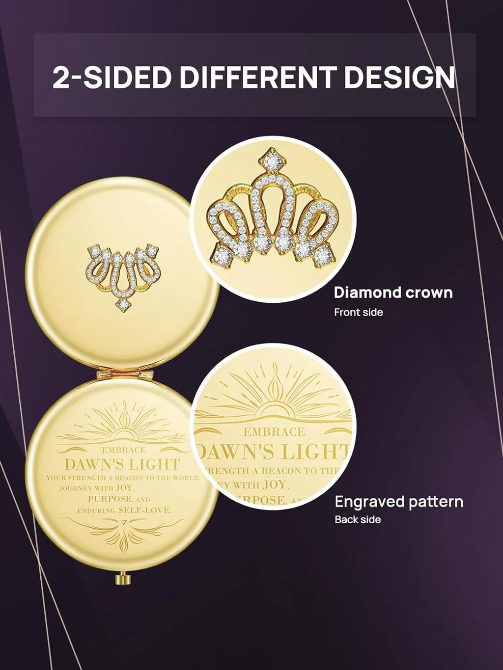 MIRRORWIX Gold Compact Mirror with 1X/10X Magnification – Crown Engraved Travel Pocket Mirror