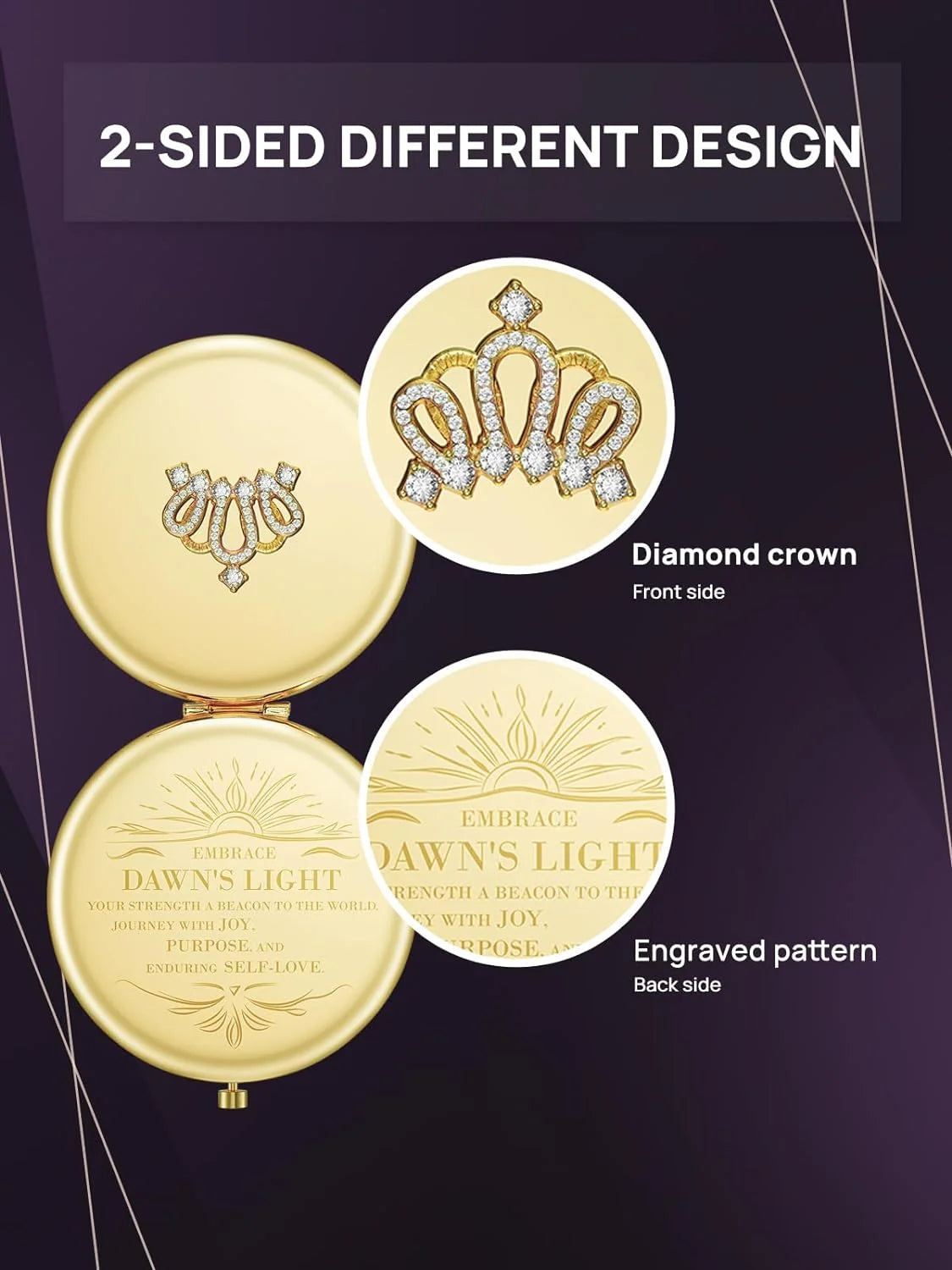 MIRRORWIX Gold Compact Mirror with 1X/10X Magnification – Crown Engraved Travel Pocket Mirror