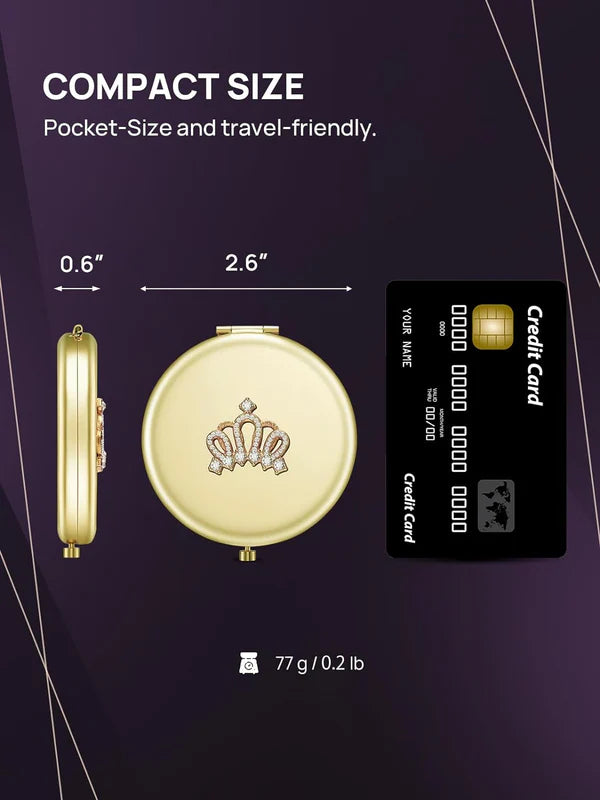 MIRRORWIX Gold Compact Mirror with 1X/10X Magnification – Crown Engraved Travel Pocket Mirror