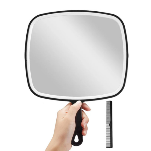 MIRRORWIX Extra Large Hand Mirror – 9” x 12.4” Black Handheld Mirror with Handle, Salon & Home Use