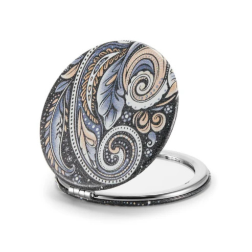 MIRRORWIX Compact Mirror – Paisley PU Leather Round 1X/10X Magnification, Portable Travel Makeup Mirror