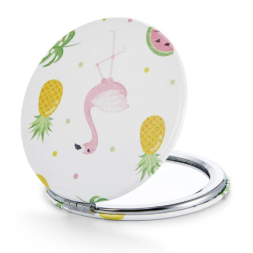 MIRRORWIX Compact Mirror – Flamingo & Tropical Print PU Leather Round 1X/10X Magnification, Pocket Travel Mirror